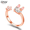 Cute Little Rabbit Heart Flower Open Ring For Women Copper Electroplated