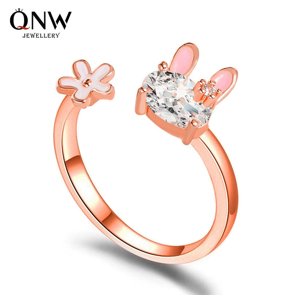 Cute Little Rabbit Heart Flower Open Ring For Women Copper Electroplated
