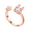Cute Little Rabbit Heart Flower Open Ring For Women Copper Electroplated