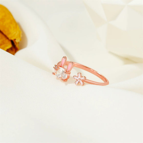 Cute Little Rabbit Heart Flower Open Ring For Women Copper Electroplated