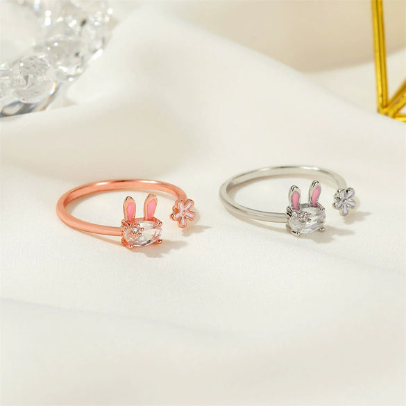 Cute Little Rabbit Heart Flower Open Ring For Women Copper Electroplated