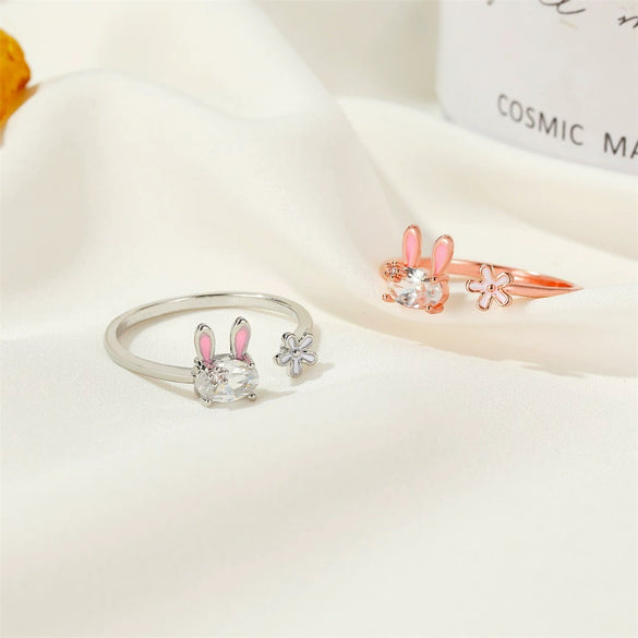 Cute Little Rabbit Heart Flower Open Ring For Women Copper Electroplated