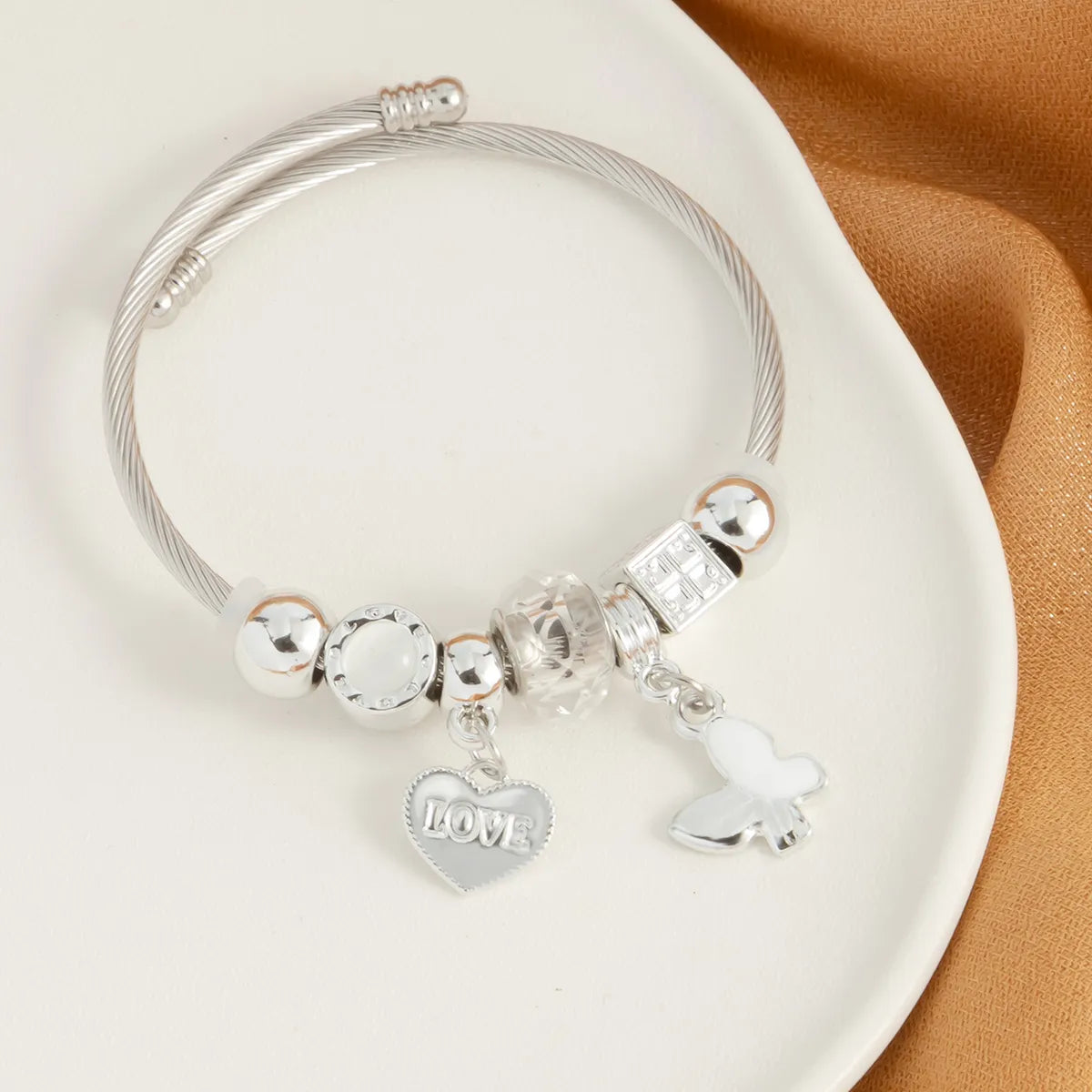 Cute Luxurious Heart Shape Butterfly Stainless Steel Plating Inlay Artificial Crystal Bangle