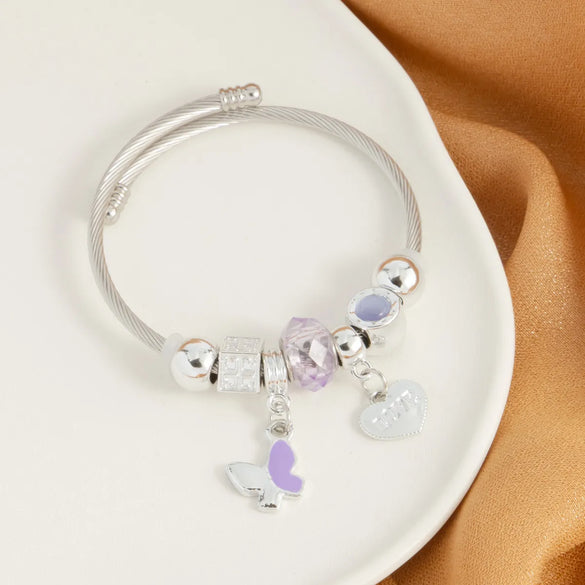 Cute Luxurious Heart Shape Butterfly Stainless Steel Plating Inlay Artificial Crystal Bangle