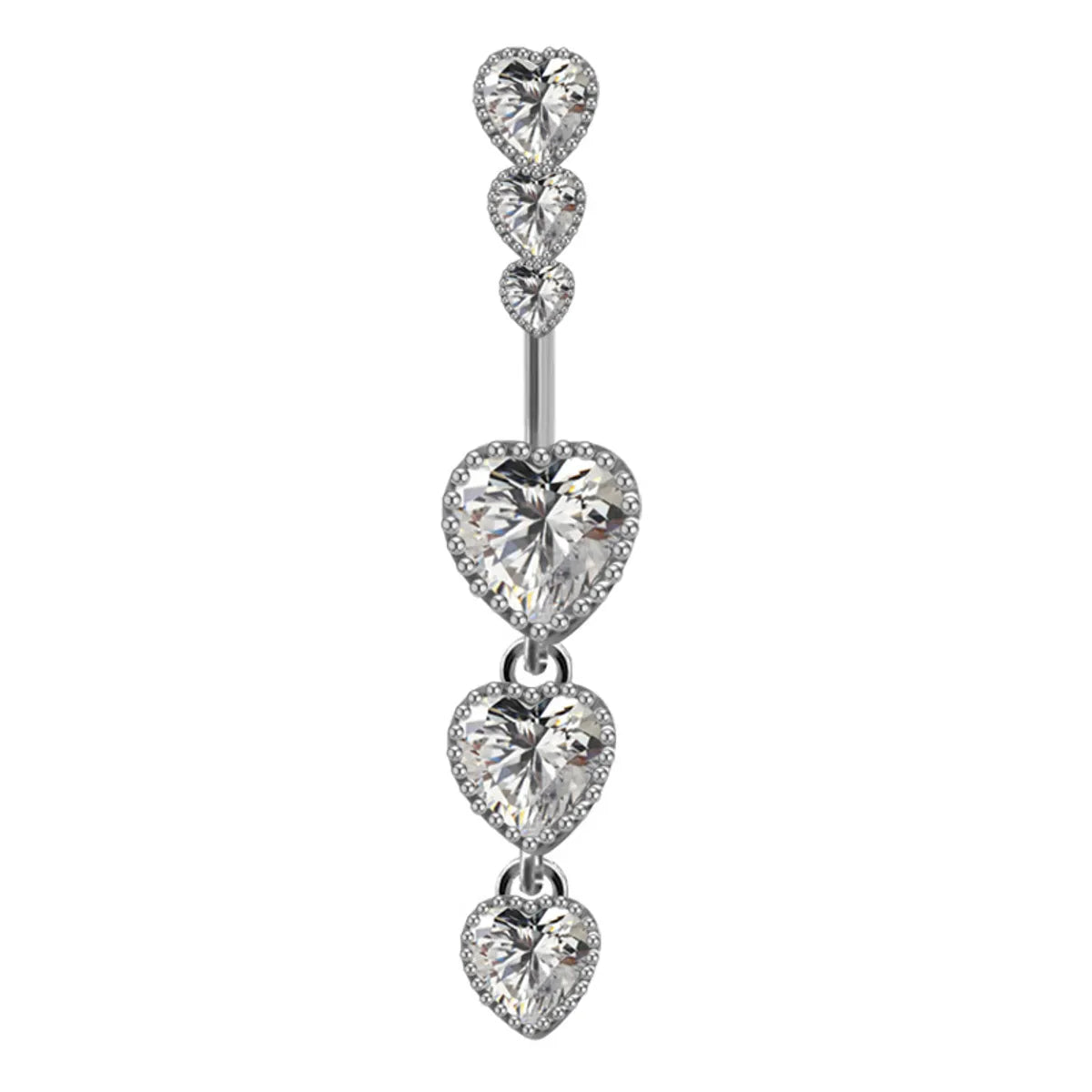 Cute Luxurious Heart Shape Stainless Steel Copper Plating Inlay Gem Rhinestones Zircon White Gold Plated Belly Ring