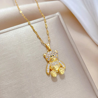 Cute Modern Style Bear Stainless Steel Copper Inlay Zircon Pendant Necklace