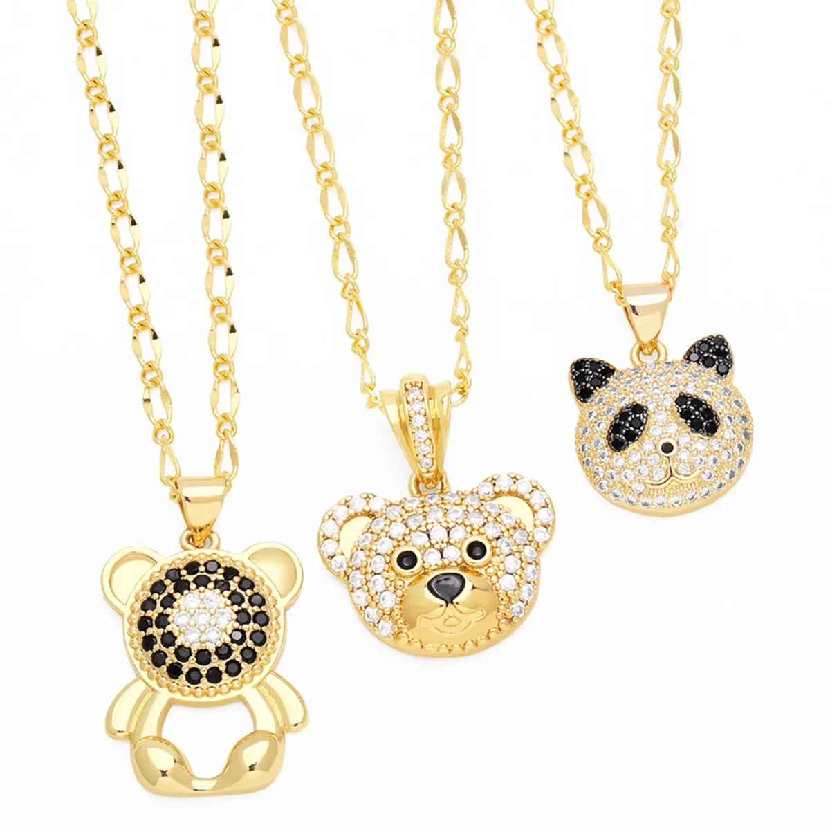 Cute Modern Style Little Bear Panda Stainless Steel Copper Plating Inlay Zircon 18k Gold Plated Pendant Necklace