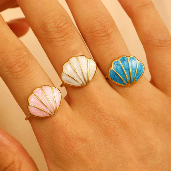 Cute Ocean Animal Enamel Ring In Gold Plated Titanium Steel With Starfish Shell And Octopus Motifs For Unisex Wear