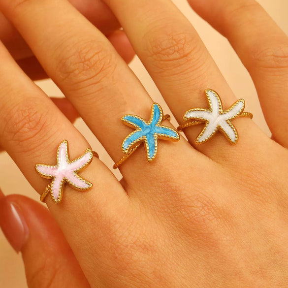 Cute Ocean Animal Enamel Ring In Gold Plated Titanium Steel With Starfish Shell And Octopus Motifs For Unisex Wear