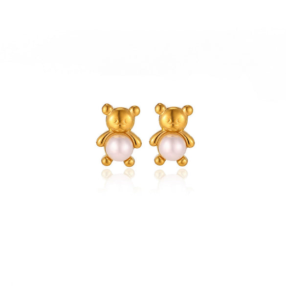 Cute Pearl Bear Earrings For Women Goldplated Stainless Steel Animal Stud Earrings With A Simple Fresh Style