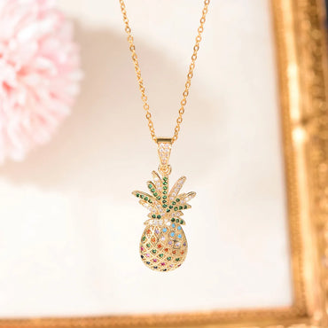 Cute Pineapple Copper Plating Inlay Zircon 18k Gold Plated Necklace