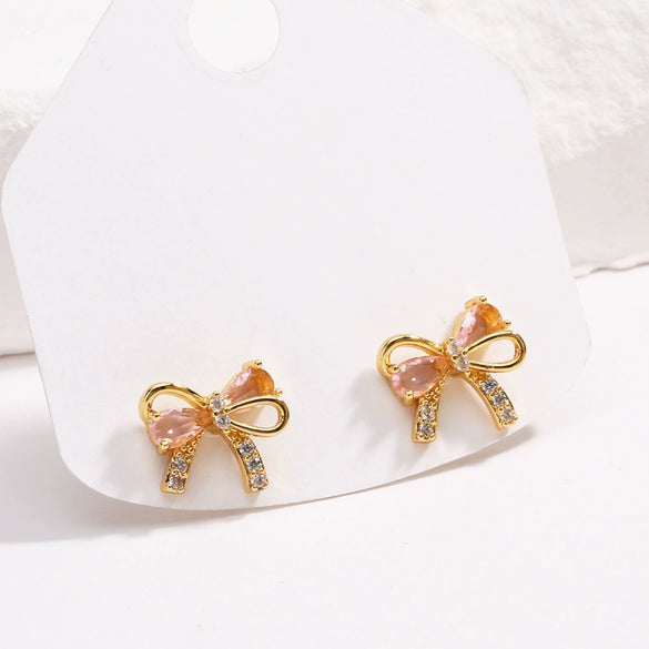 Cute Pink Diamond Zircon Bow Women's Earrings Copper Electroplated 18K Real Gold