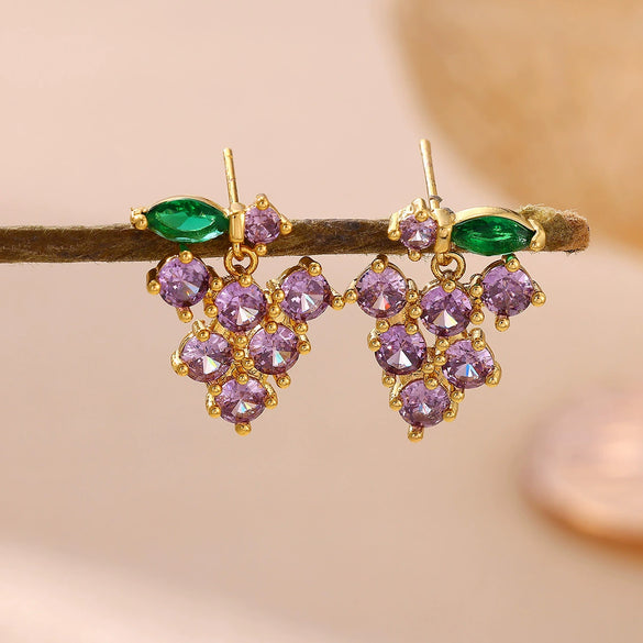 Cute Purple Zircon Grape Earrings For Women Goldplated Copper Fruit Jewelry With A Sweet Design For Wholesale
