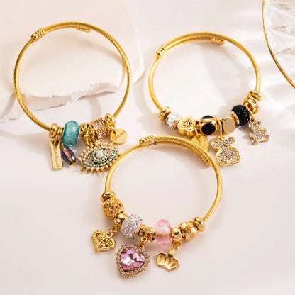 Cute Romantic Sweet Devil's Eye Bear Titanium Steel Beaded Plating Inlay Artificial Crystal Gold Plated Bangle