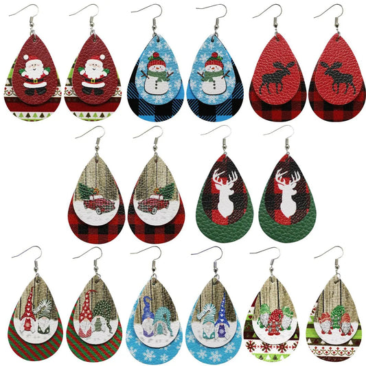 1 Pair Cute Santa Claus Snowman Elk Pu Leather Drop Earrings