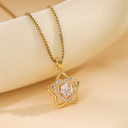 Cute Shiny Star Heart Shape Stainless Steel Titanium Steel Plating Inlay Zircon 18k Gold Plated Pendant Necklace