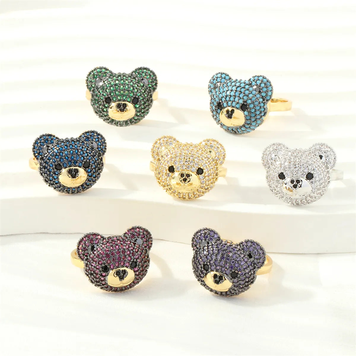 Cute Simple Style Bear Copper 18k Gold Plated Zircon Open Rings In Bulk