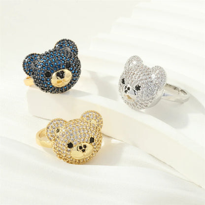 Cute Simple Style Bear Copper 18k Gold Plated Zircon Open Rings In Bulk