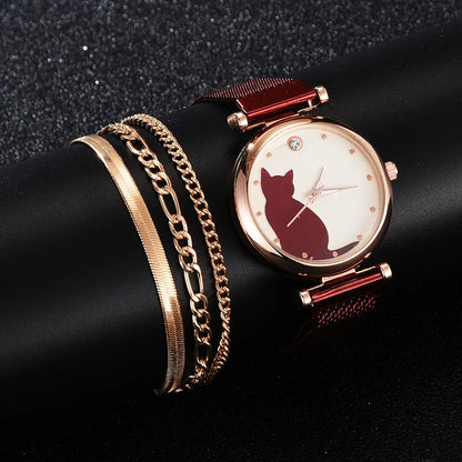 Cute Simple Style Cat Magnet Buckle Quartz Women'S Watches