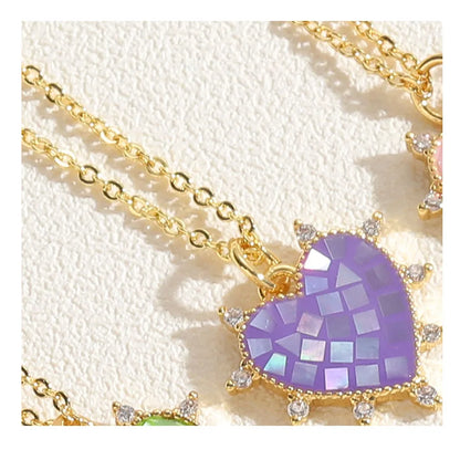 Cute Simple Style Commute Heart Shape Copper Enamel Plating Inlay Artificial Gemstones 14k Gold Plated Pendant Necklace