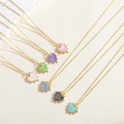 Cute Simple Style Commute Heart Shape Copper Enamel Plating Inlay Artificial Gemstones 14k Gold Plated Pendant Necklace