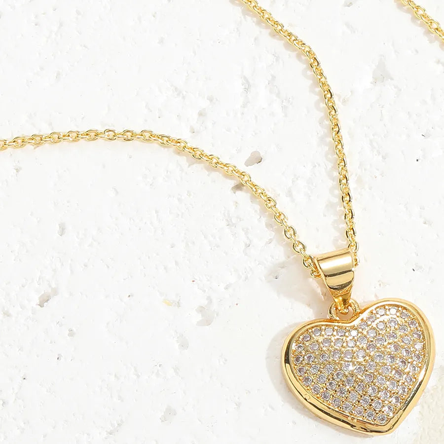 Cute Simple Style Heart Shape Copper Plating Chain Inlay Zircon 14k Gold Plated White Gold Plated Pendant Necklace