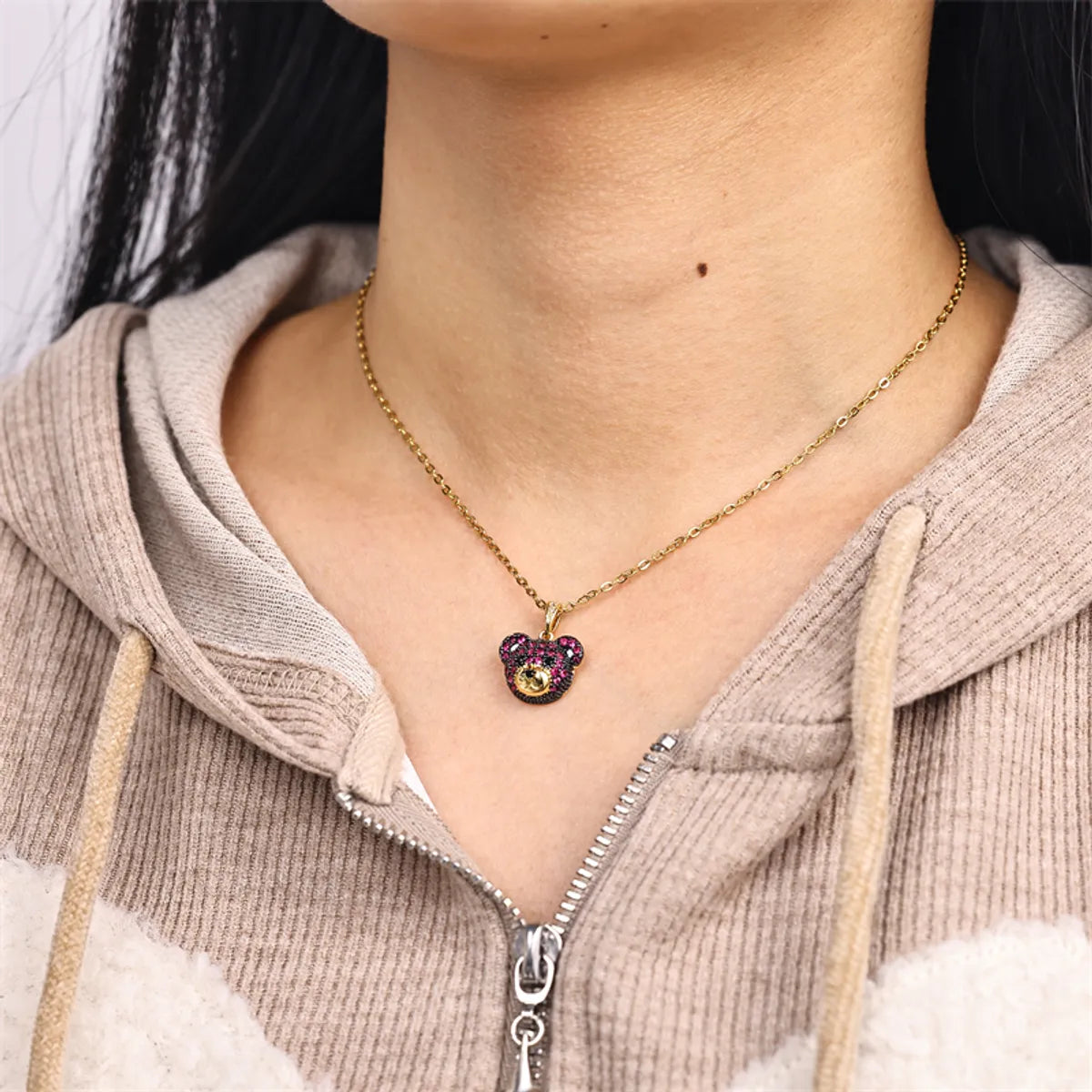 Cute Simple Style Little Bear Stainless Steel Plating Inlay Zircon 18k Gold Plated Pendant Necklace