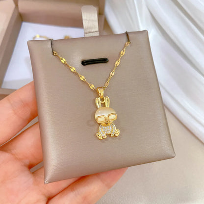 Cute Simple Style Rabbit Titanium Steel Copper Inlay Opal Zircon Pendant Necklace