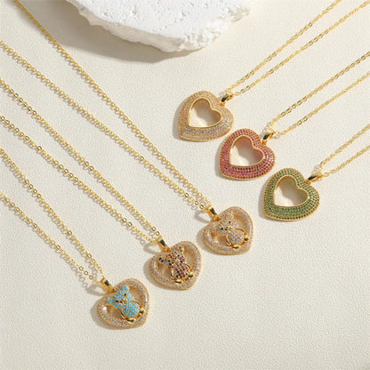 Cute Simple Style Streetwear Little Bear Heart Shape Copper Plating Inlay Zircon 14k Gold Plated Pendant Necklace