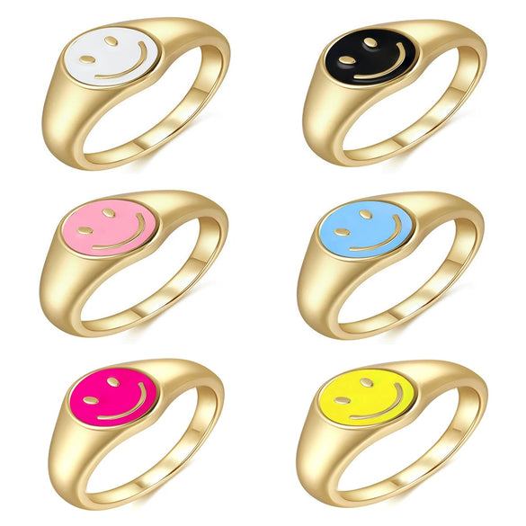 Cute Smiley Face Copper Ring For Women With Colorful Enamel Drip Oil Finish Simple Fashion Geometric Expression Design