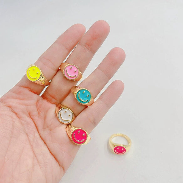 Cute Smiley Face Copper Ring For Women With Colorful Enamel Drip Oil Finish Simple Fashion Geometric Expression Design
