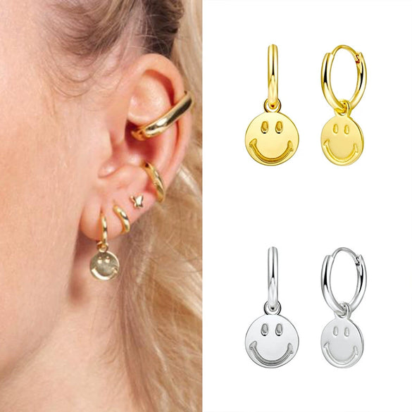 Cute Smiley Face Geometric U Shaped Earrings For Women With Silver Needle And Copper Electroplated Design