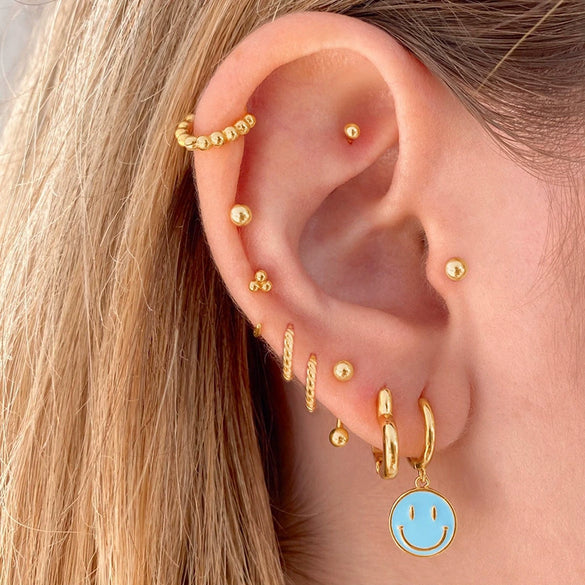 Cute Smiley Face Geometry Earrings For Women With Silver Needle Copper And Gold Color Electroplated Finish