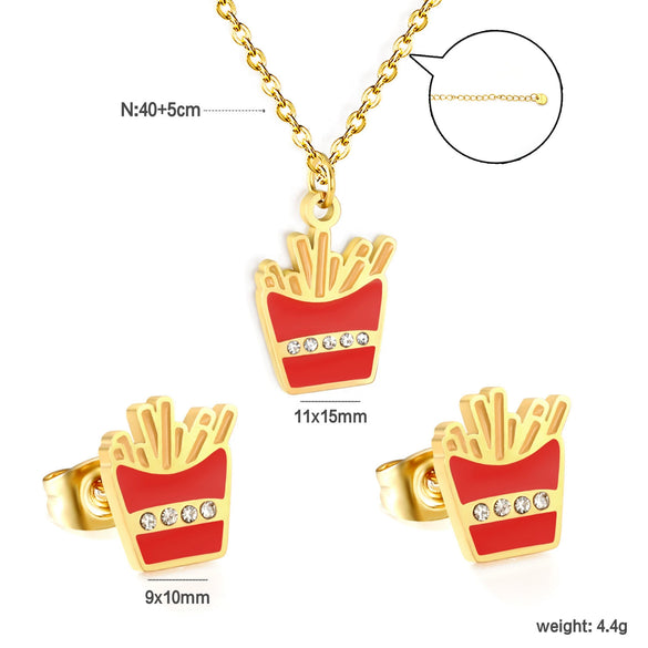 Cute Stainless Steel Pendant Necklace And Earrings Set With Fries Letter T Heart And Christmas Tree Charms