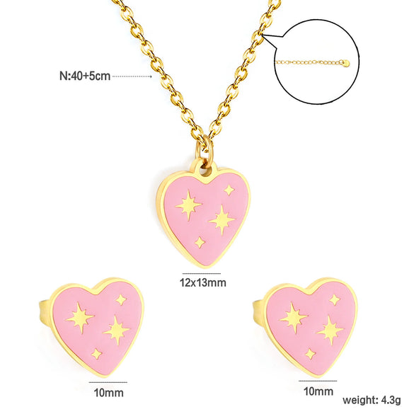 Cute Stainless Steel Pendant Necklace And Earrings Set With Fries Letter T Heart And Christmas Tree Charms