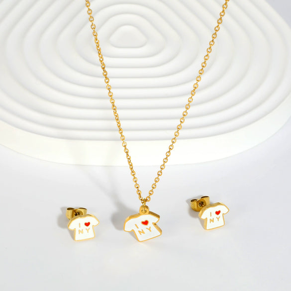 Cute Stainless Steel Pendant Necklace And Earrings Set With Fries Letter T Heart And Christmas Tree Charms