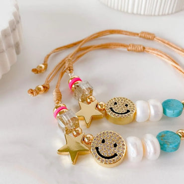 Cute Star Freshwater Pearl Rope Copper Knitting Plating Inlay Rhinestones 18k Gold Plated Women'S Bracelets