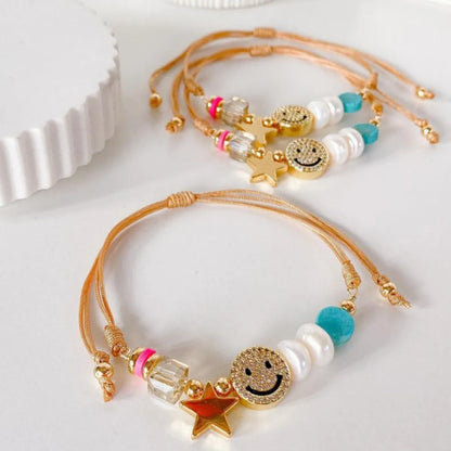 Cute Star Freshwater Pearl Rope Copper Knitting Plating Inlay Rhinestones 18k Gold Plated Women'S Bracelets