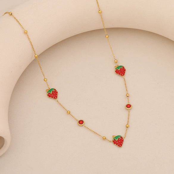 Cute Strawberry Fruit Shaped Stainless Steel Clavicle Chain Necklace With Electroplating For Women