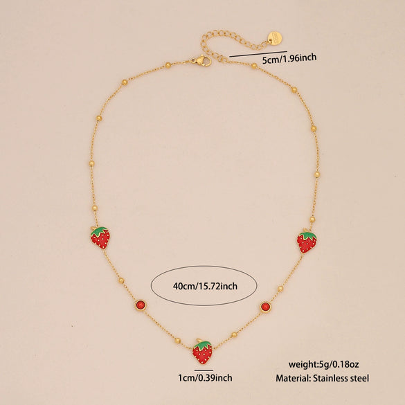 Cute Strawberry Fruit Shaped Stainless Steel Clavicle Chain Necklace With Electroplating For Women