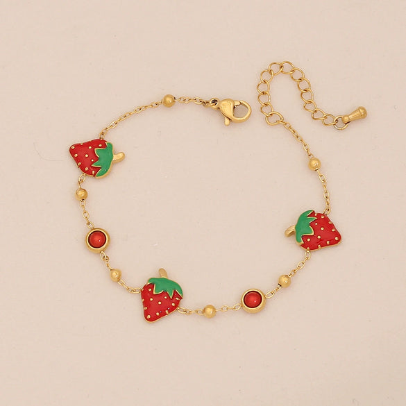 Cute Strawberry Fruit Shaped Stainless Steel Clavicle Chain Necklace With Electroplating For Women