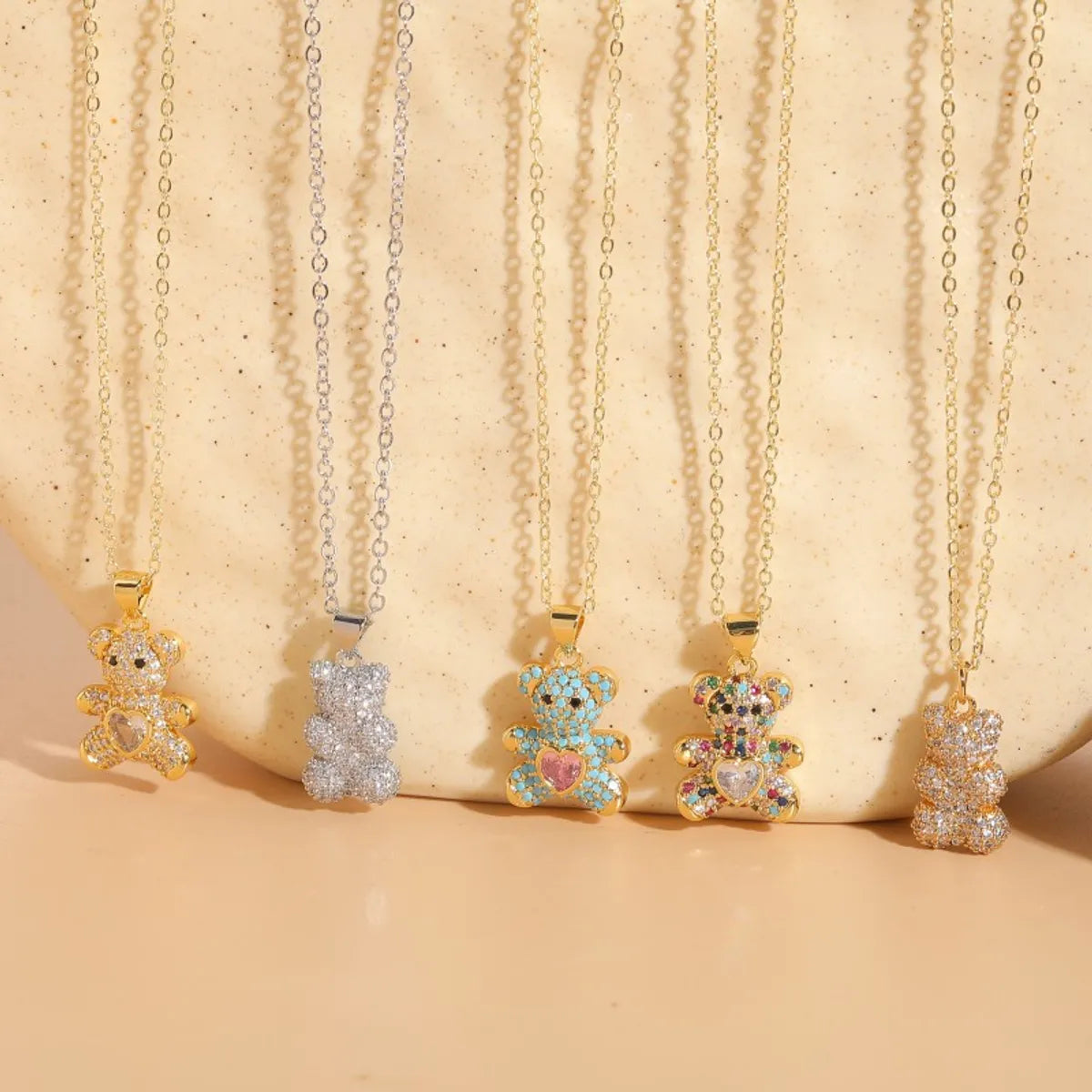 Cute Streetwear Bear Brass 14k Gold Plated White Gold Plated Zircon Pendant Necklace In Bulk