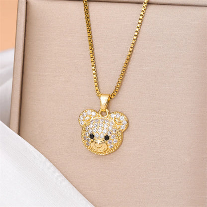 Stainless Steel Titanium Steel 18K Gold Plated Cute Streetwear Plating Inlay Little Bear Panda Zircon Pendant Necklace