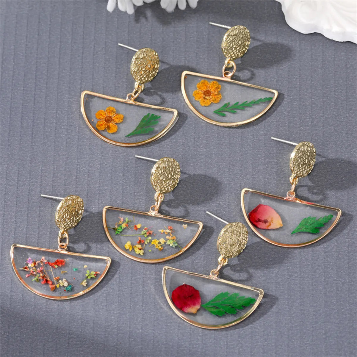 Cute Style Dried Flower Little Daisy Semicircle Transparent Pendant Earrings