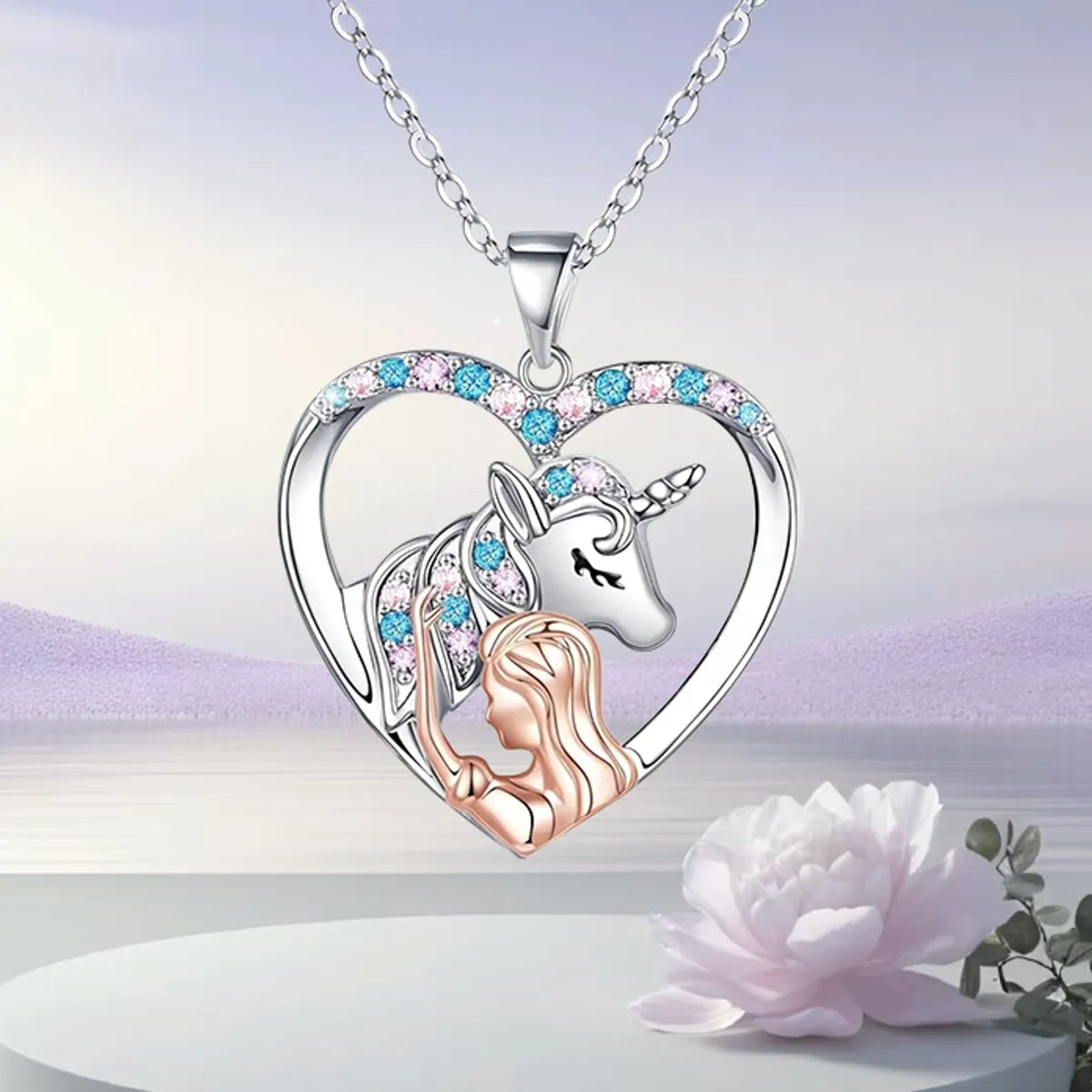 Cute Sweet Artistic Human Unicorn Alloy Hollow Out Inlay Artificial Rhinestones Silver Plated Children Unisex Pendant Necklace