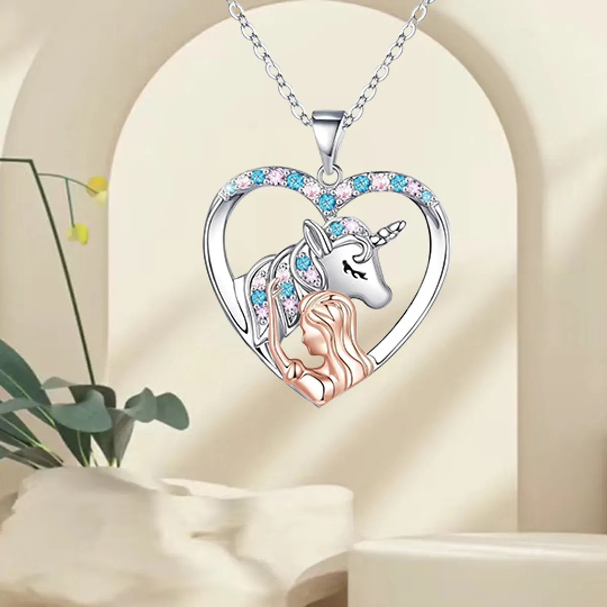 Cute Sweet Artistic Human Unicorn Alloy Hollow Out Inlay Artificial Rhinestones Silver Plated Children Unisex Pendant Necklace