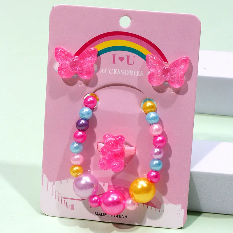 Cute Sweet Bear Butterfly Beaded Plastic Resin Girl'S Rings Bracelets Ear Studs