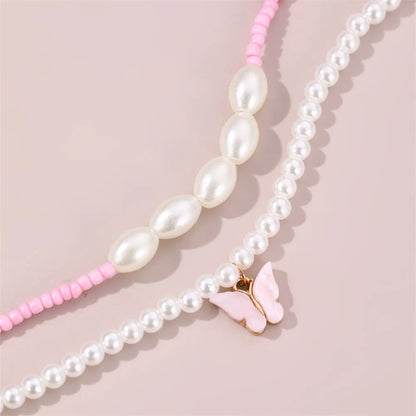 Cute Sweet Butterfly Artificial Pearl Beaded Layered Women'S Necklace