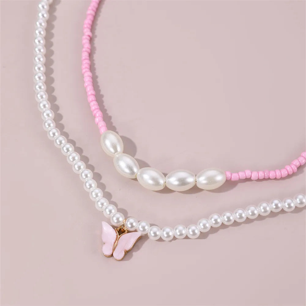 Cute Sweet Butterfly Artificial Pearl Beaded Layered Women'S Necklace