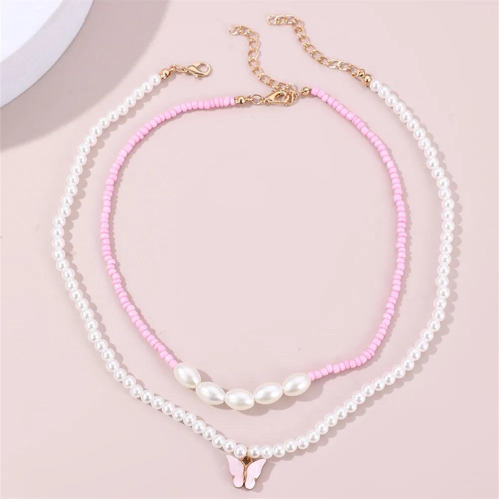 Cute Sweet Butterfly Artificial Pearl Beaded Layered Women'S Necklace